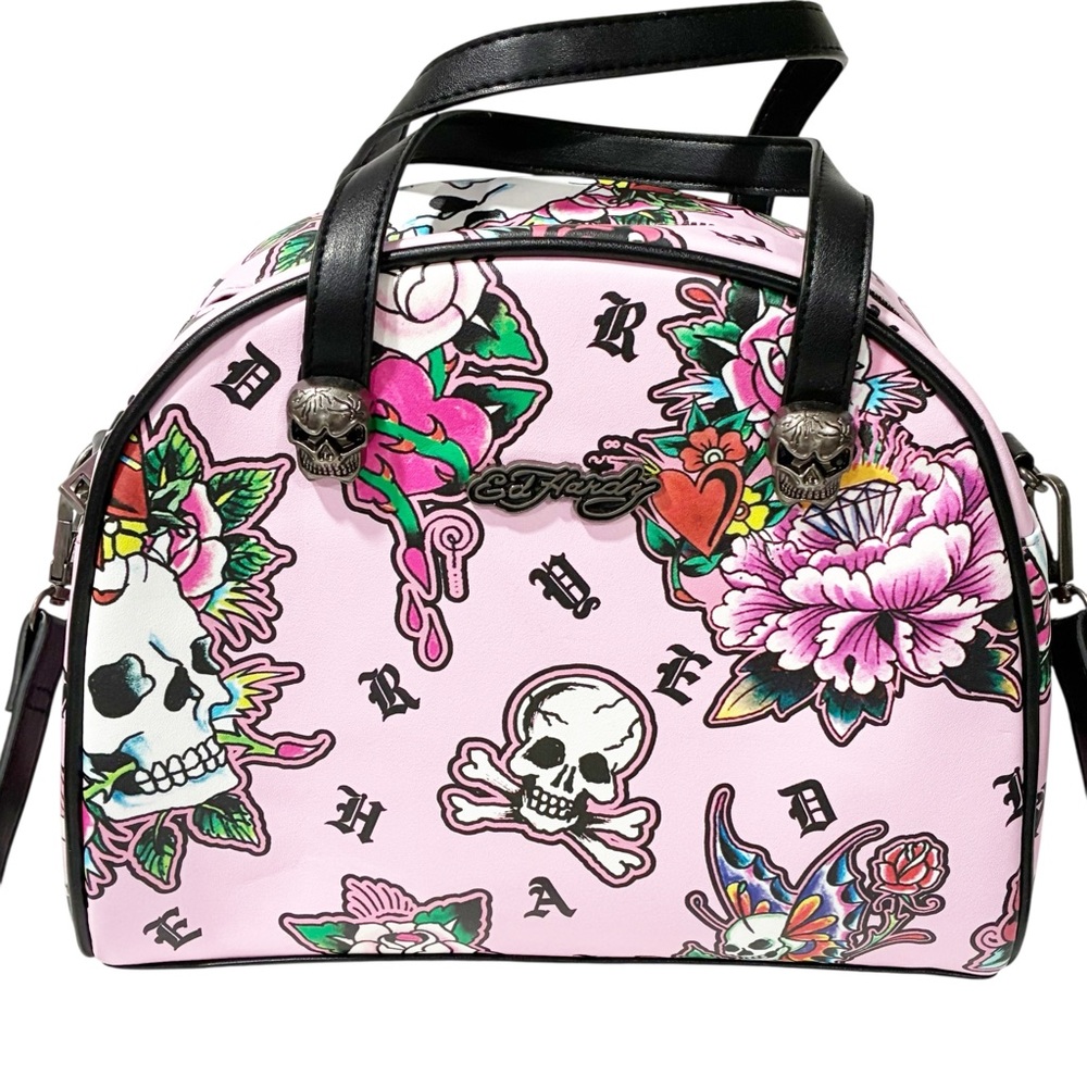 Ed Hardy Pink Y2K Thermal Lunch Tote Hot or Cold Dual Straps Skulls Butterflies